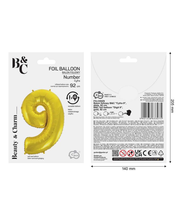 BALON FOLIOWY "9" ZŁOTY 92 CM