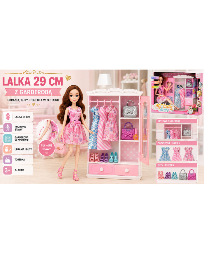 LALKA 29 CM Z GARDEROBĄ PUDEŁKO