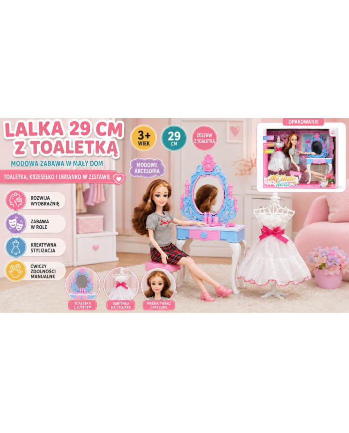 LALKA 29 CM Z TOALETKĄ PUD.